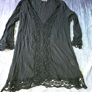 La Blanca Black Crochet Lace Trim V Neck Beach Cover Up Tunic Dress XL